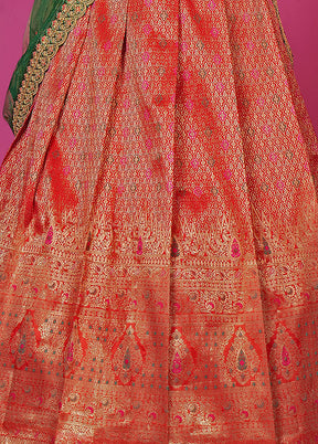3 Pc Red Silk Semi Stitched Lehenga Set