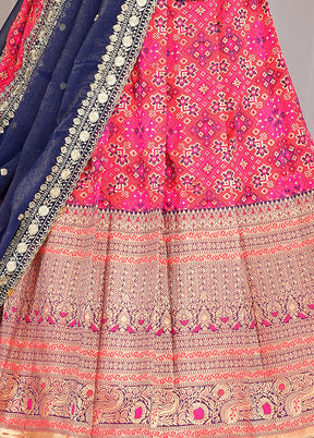 3 Pc Pink Silk Semi Stitched Lehenga Set