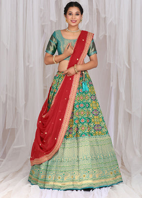 3 Pc Green Silk Semi Stitched Lehenga Set