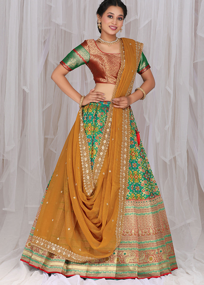 3 Pc Light Green Silk Semi Stitched Lehenga Set