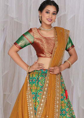 3 Pc Light Green Silk Semi Stitched Lehenga Set