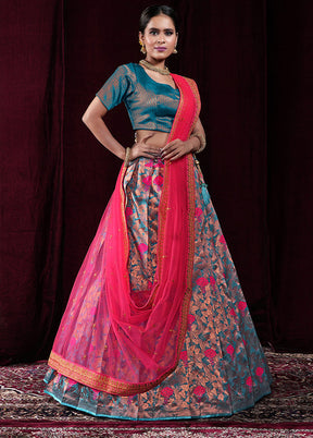 3 Pc Blue Silk Semi Stitched Lehenga Set