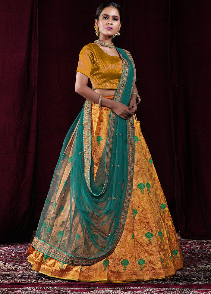 3 Pc Yellow Silk Semi Stitched Lehenga Set