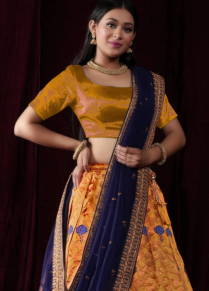 3 Pc Yellow Silk Semi Stitched Lehenga Set