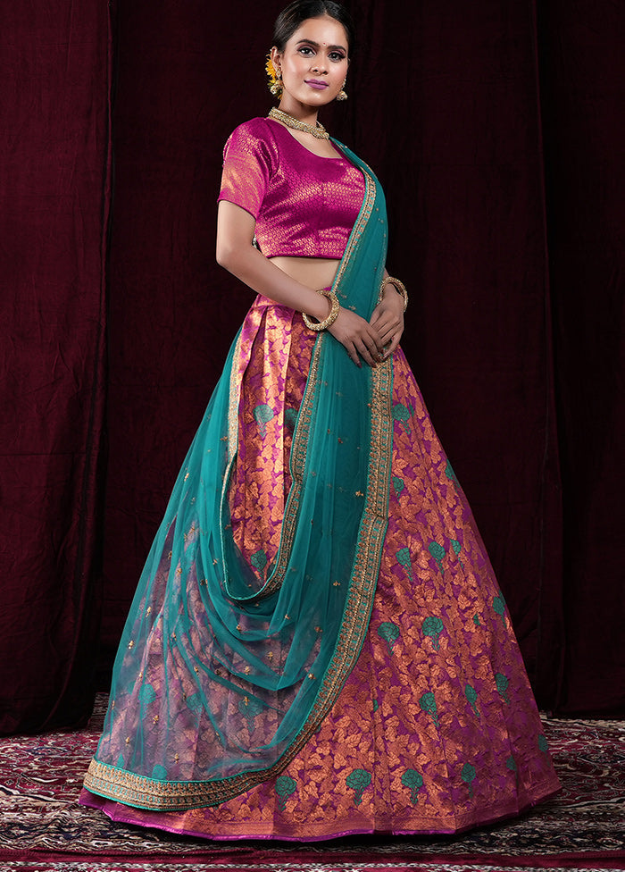 3 Pc Magenta Silk Semi Stitched Lehenga Set