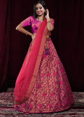 3 Pc Magenta Silk Semi Stitched Lehenga Set