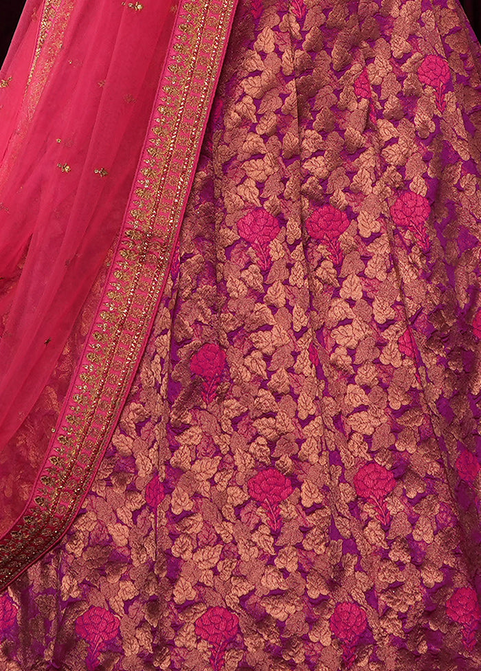 3 Pc Magenta Silk Semi Stitched Lehenga Set