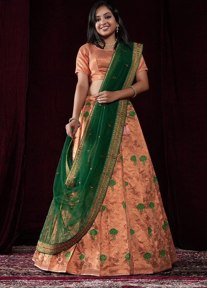 3 Pc Peach Silk Semi Stitched Lehenga Set