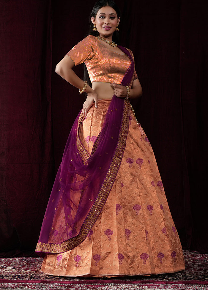 3 Pc Peach Silk Semi Stitched Lehenga Set