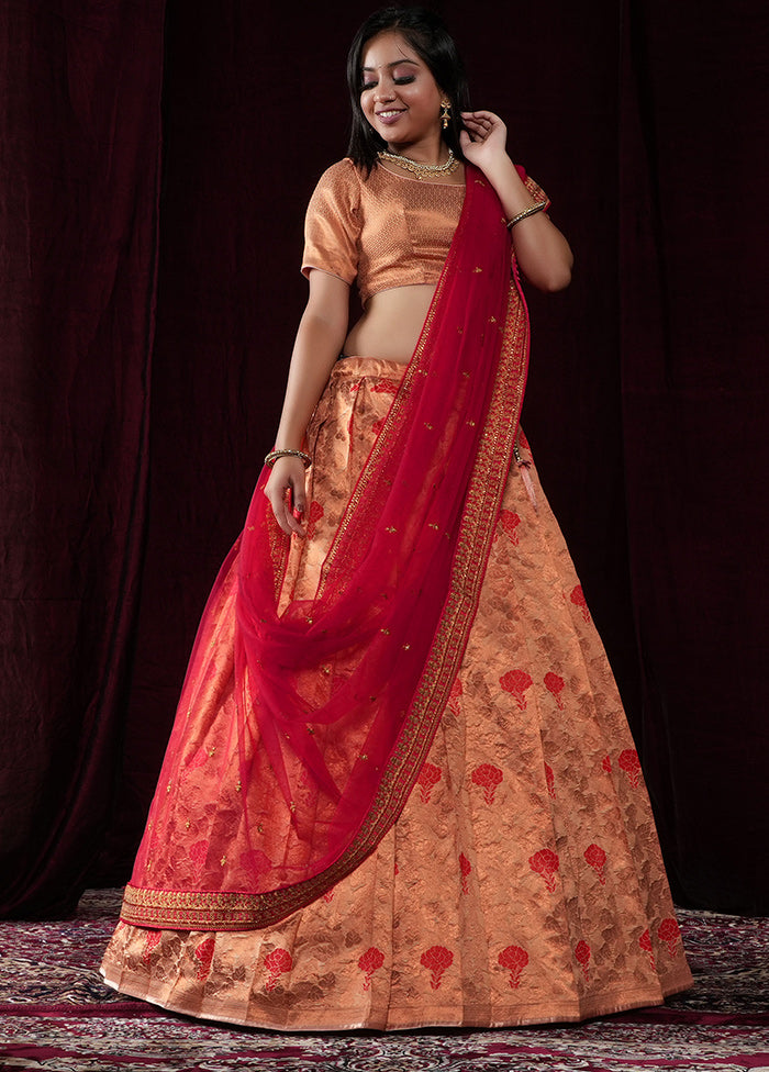 3 Pc Peach Silk Semi Stitched Lehenga Set