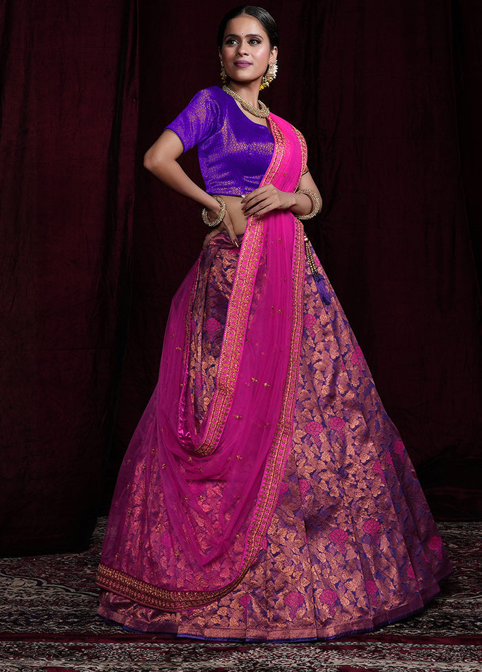 3 Pc Purple Silk Semi Stitched Lehenga Set