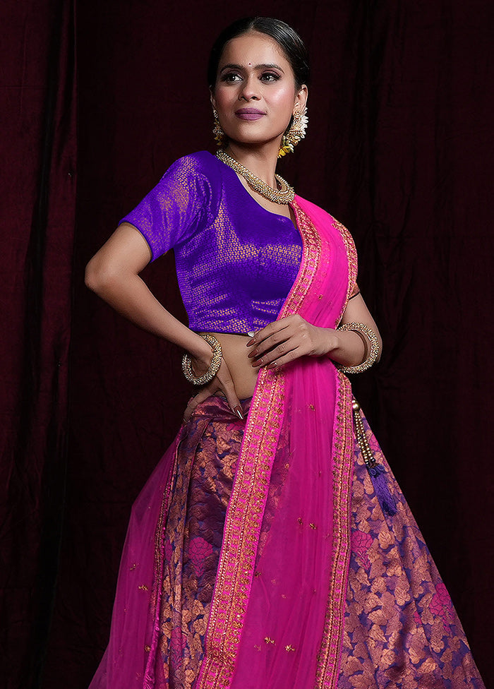 3 Pc Purple Silk Semi Stitched Lehenga Set