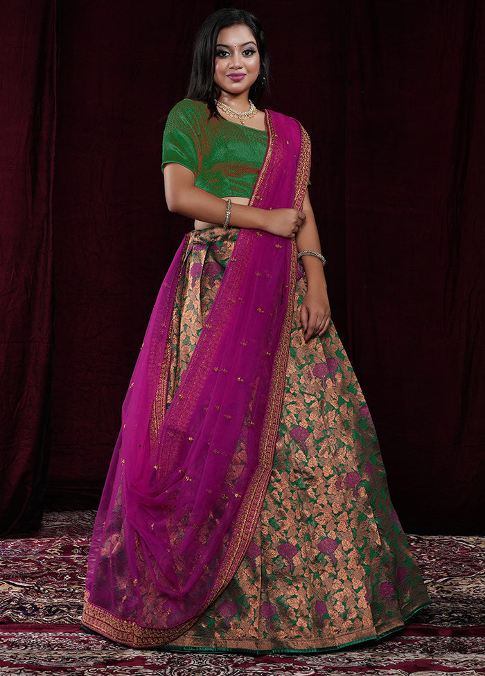 3 Pc Green Silk Semi Stitched Lehenga Set