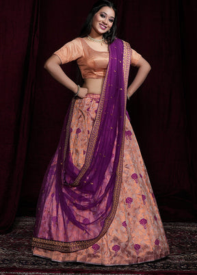 3 Pc Peach Silk Semi Stitched Lehenga Set