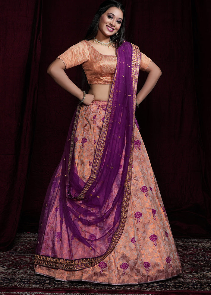 3 Pc Peach Silk Semi Stitched Lehenga Set