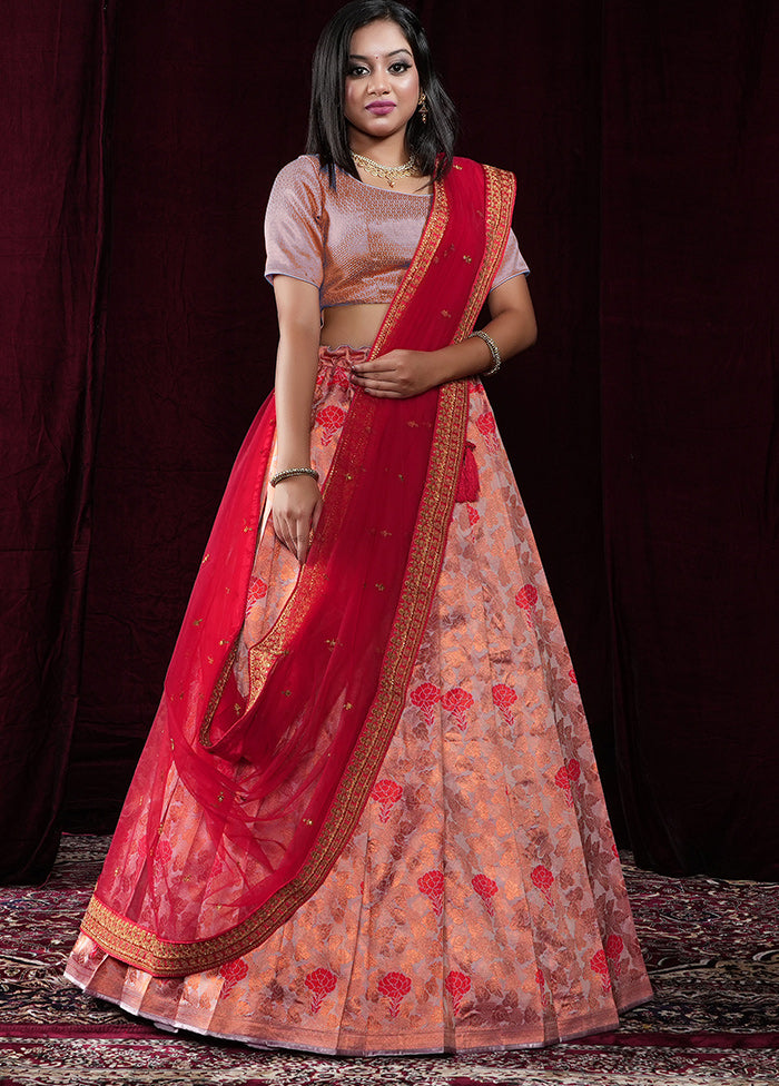 3 Pc Peach Silk Semi Stitched Lehenga Set