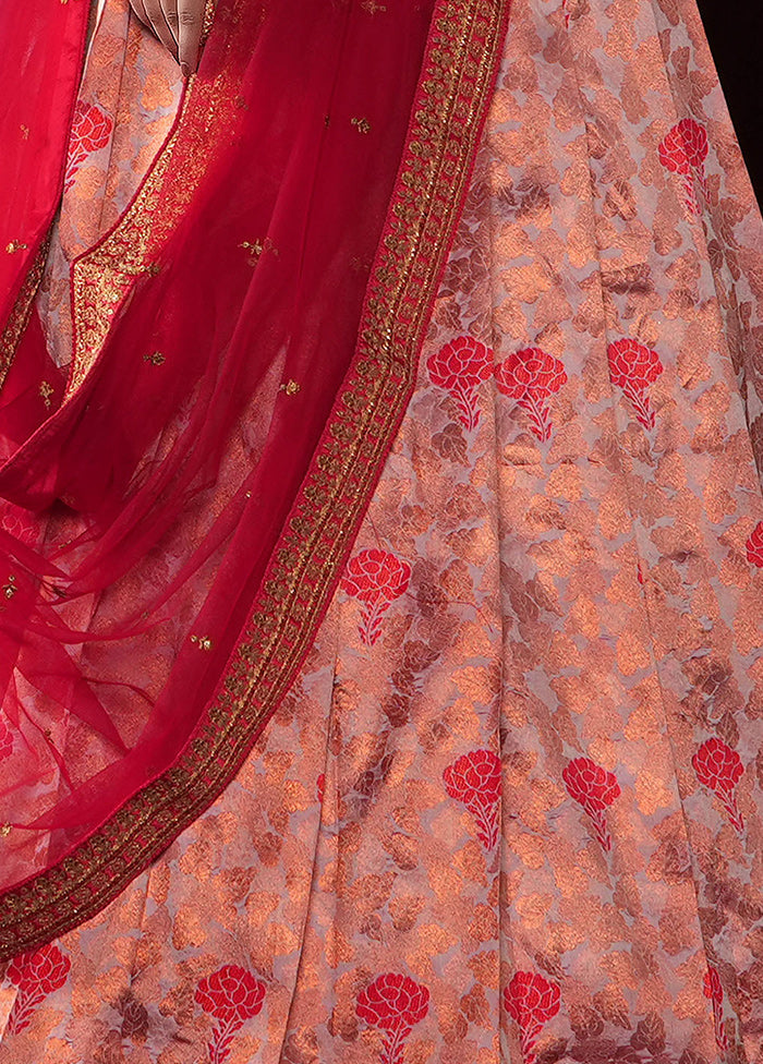 3 Pc Peach Silk Semi Stitched Lehenga Set