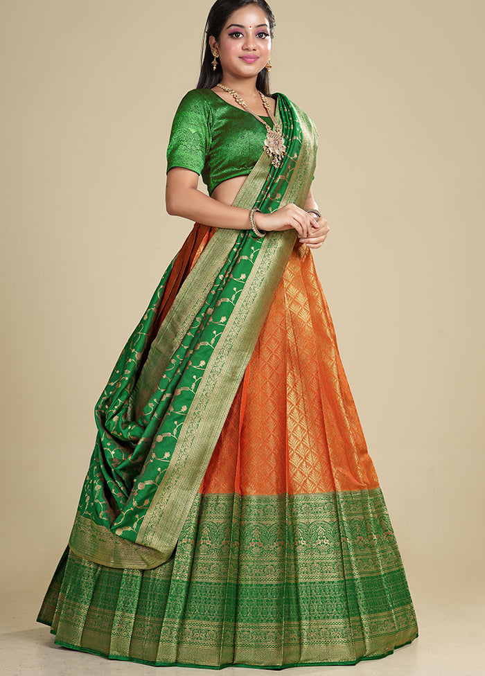 3 Pc Orange Silk Semi Stitched Lehenga Set