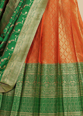 3 Pc Orange Silk Semi Stitched Lehenga Set