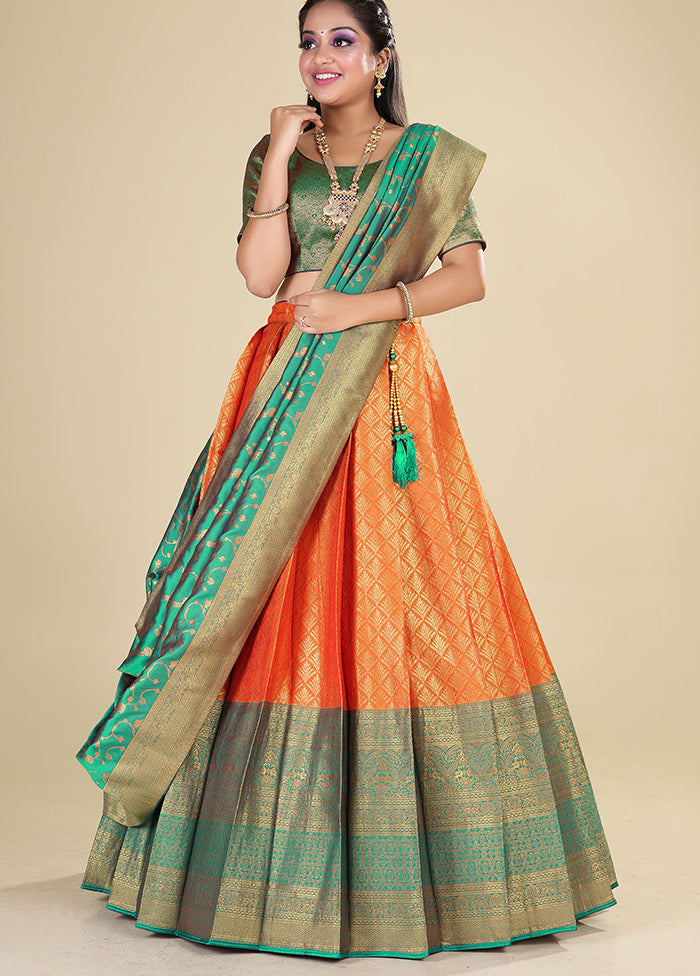 3 Pc Orange Silk Semi Stitched Lehenga Set