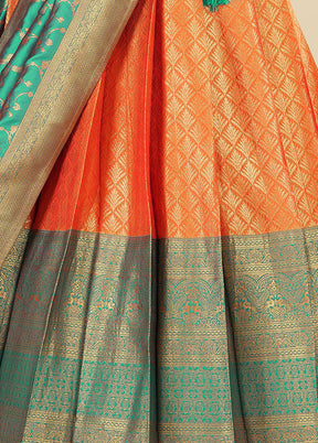 3 Pc Orange Silk Semi Stitched Lehenga Set