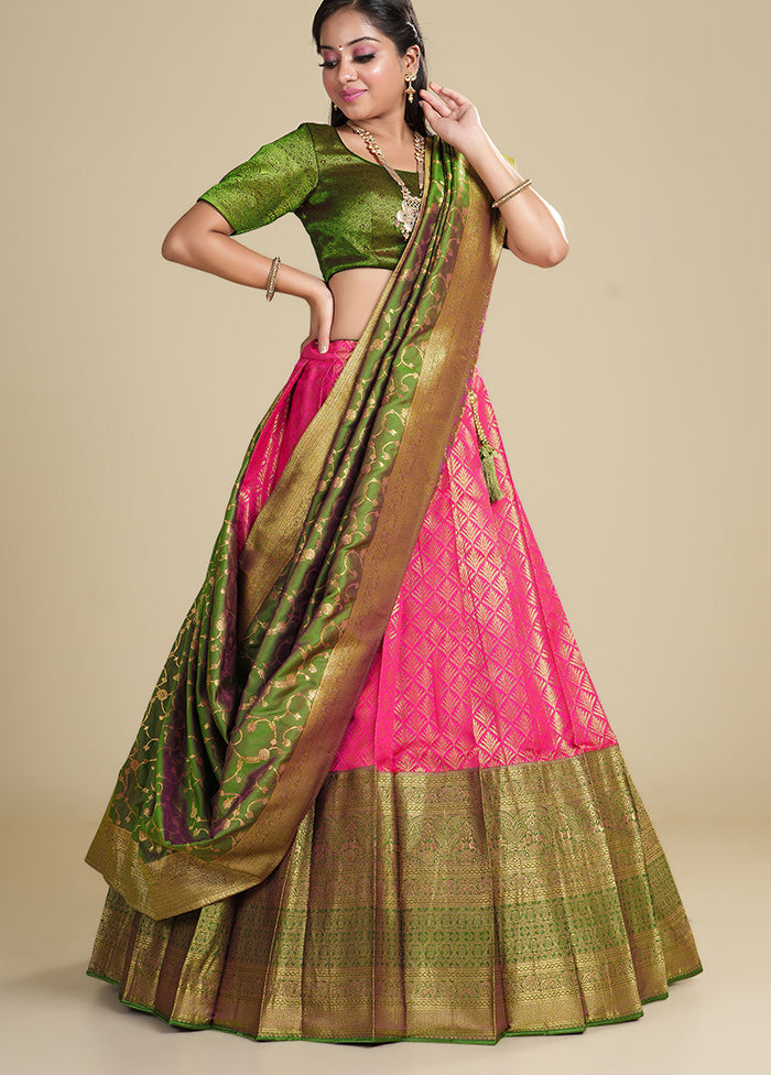 3 Pc Rani Silk Semi Stitched Lehenga Set