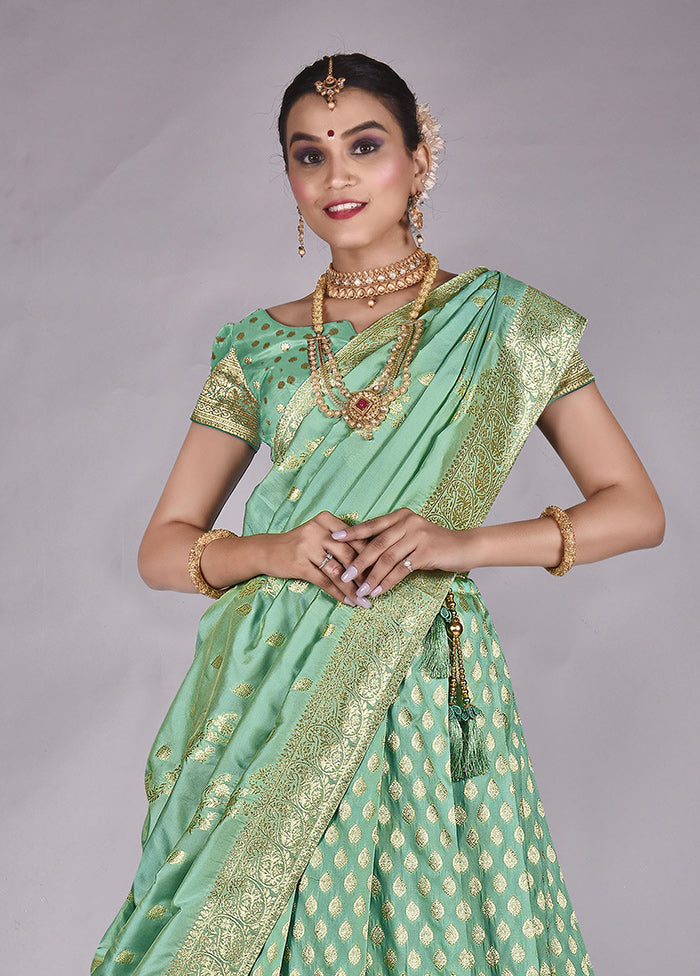 3 Pc Green Silk Semi Stitched Lehenga Set