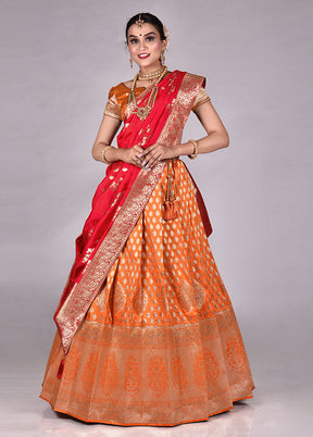 3 Pc Orange Silk Semi Stitched Lehenga Set