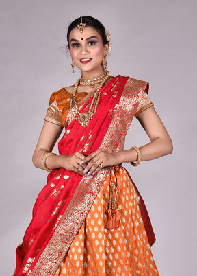 3 Pc Orange Silk Semi Stitched Lehenga Set