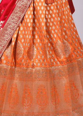 3 Pc Orange Silk Semi Stitched Lehenga Set