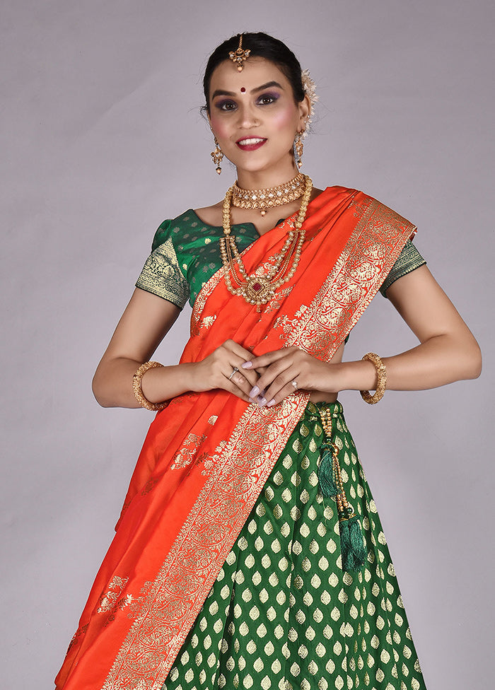 3 Pc Green Silk Semi Stitched Lehenga Set