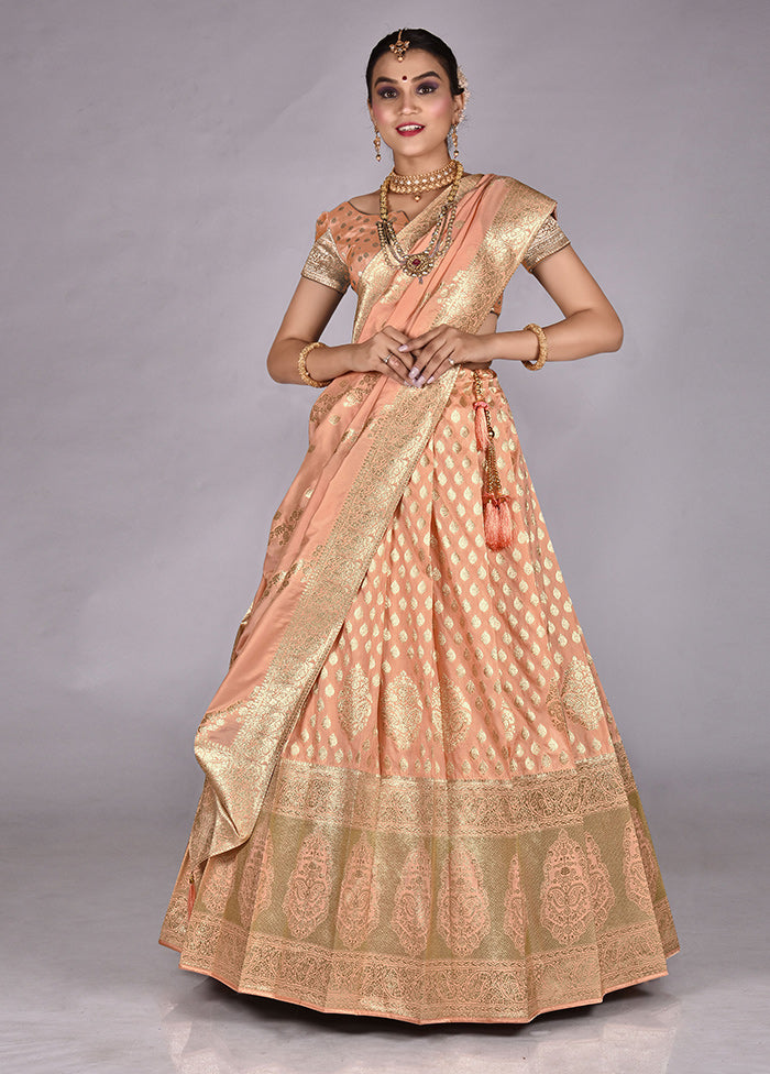 3 Pc Light Peach Silk Semi Stitched Lehenga Set