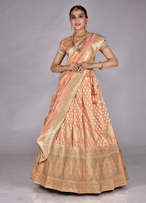 3 Pc Light Peach Silk Semi Stitched Lehenga Set