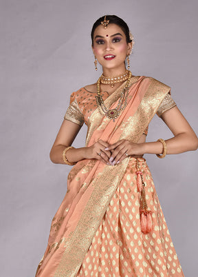 3 Pc Light Peach Silk Semi Stitched Lehenga Set