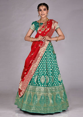 3 Pc Green Silk Semi Stitched Lehenga Set