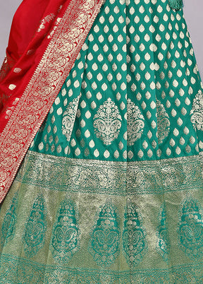 3 Pc Green Silk Semi Stitched Lehenga Set