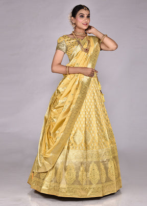 3 Pc Light Yellow Silk Semi Stitched Lehenga Set