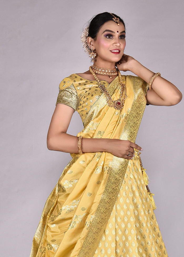 3 Pc Light Yellow Silk Semi Stitched Lehenga Set