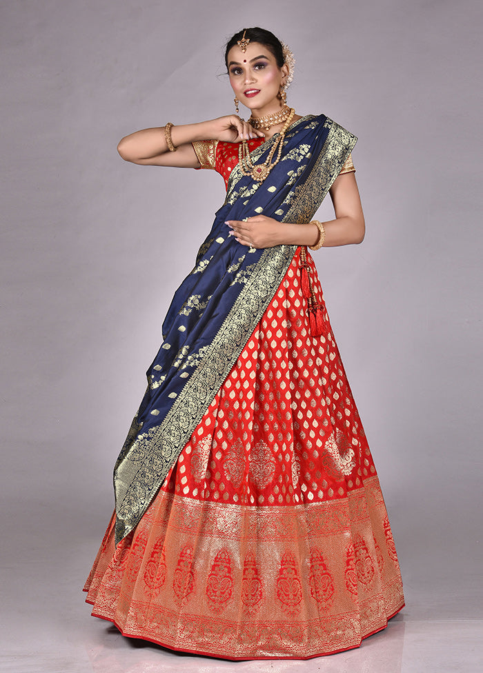 3 Pc Red Silk Semi Stitched Lehenga Set