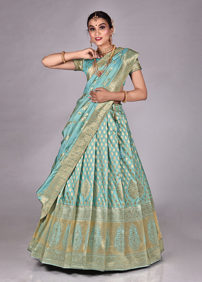 3 Pc Sky Blue Silk Semi Stitched Lehenga Set