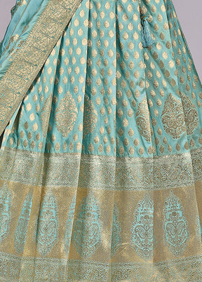 3 Pc Sky Blue Silk Semi Stitched Lehenga Set