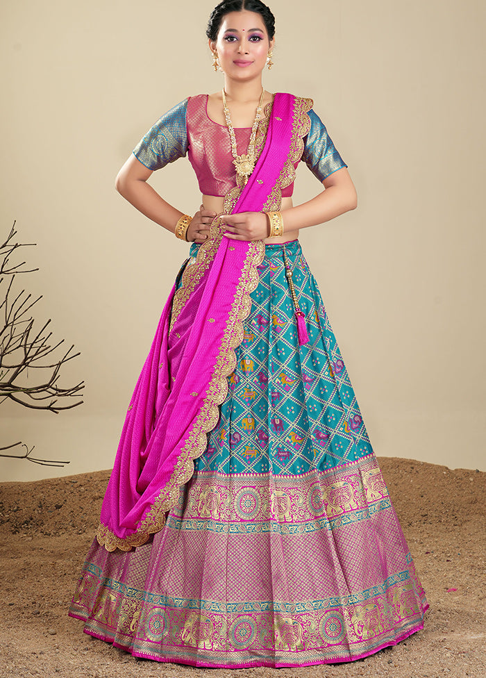 3 Pc Blue Silk Semi Stitched Lehenga Set