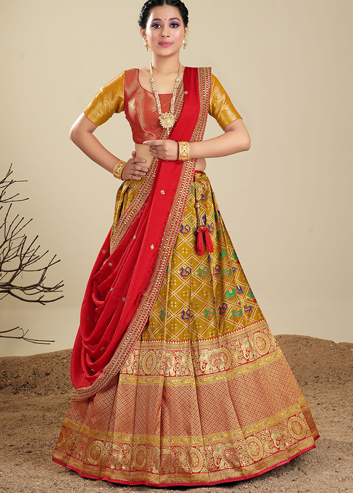 3 Pc Mustard Silk Semi Stitched Lehenga Set