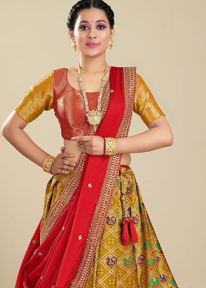 3 Pc Mustard Silk Semi Stitched Lehenga Set