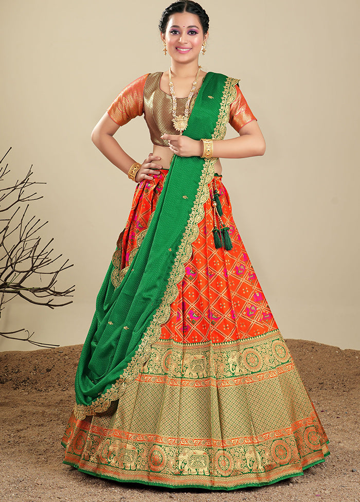 3 Pc Orange Silk Semi Stitched Lehenga Set