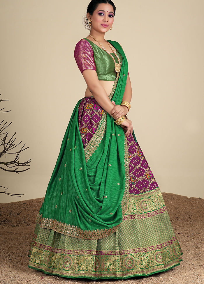 3 Pc Wine Silk Semi Stitched Lehenga Set