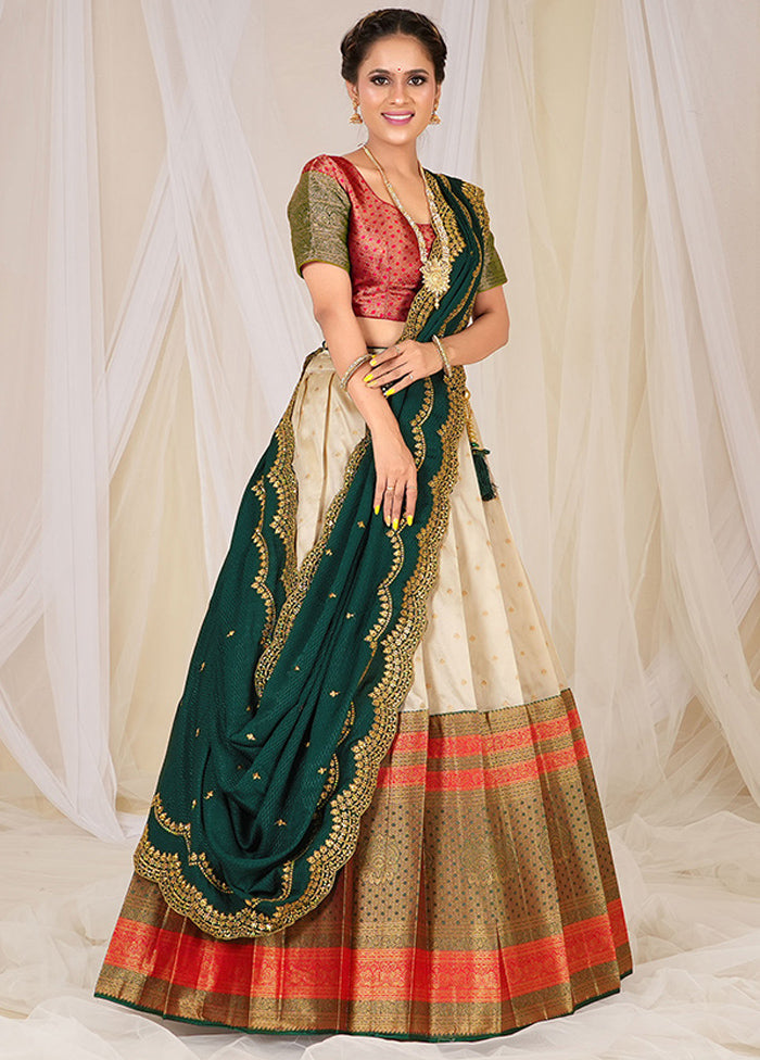 3 Pc Cream Silk Semi Stitched Lehenga Set