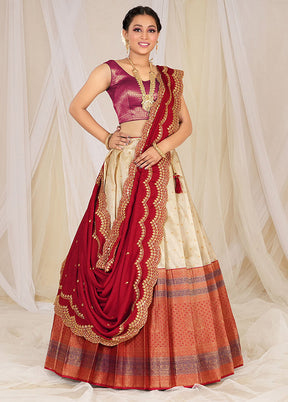 3 Pc Cream Silk Semi Stitched Lehenga Set