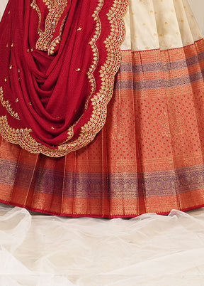 3 Pc Cream Silk Semi Stitched Lehenga Set