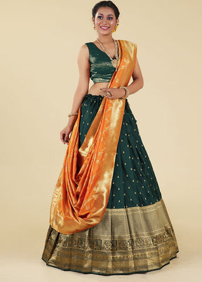 3 Pc Green Silk Semi Stitched Lehenga Set